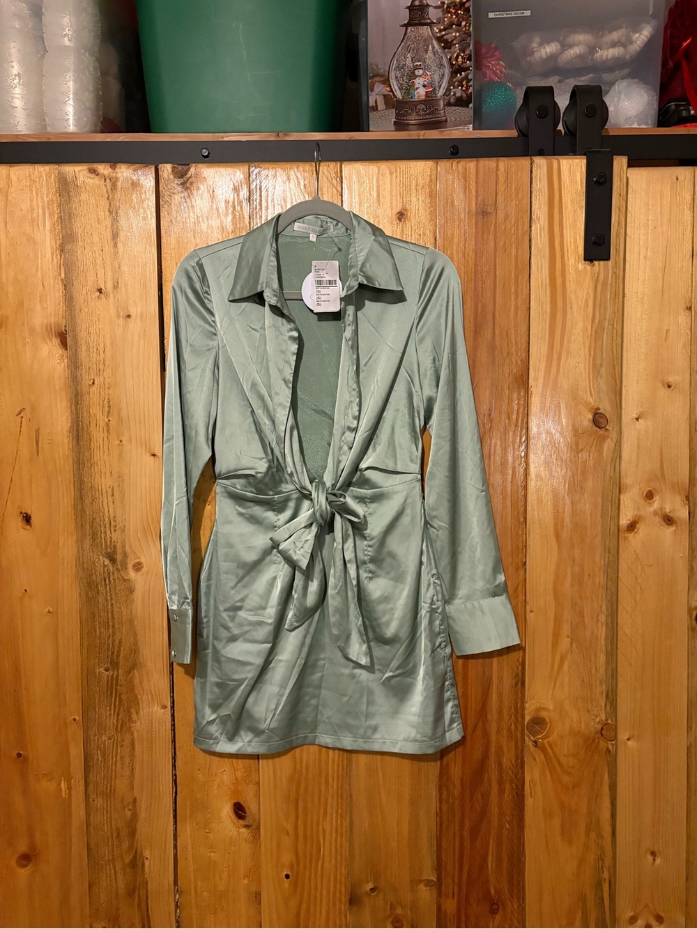 Women's Sage Green Long Sleeve Tie-Front Shirt Dress